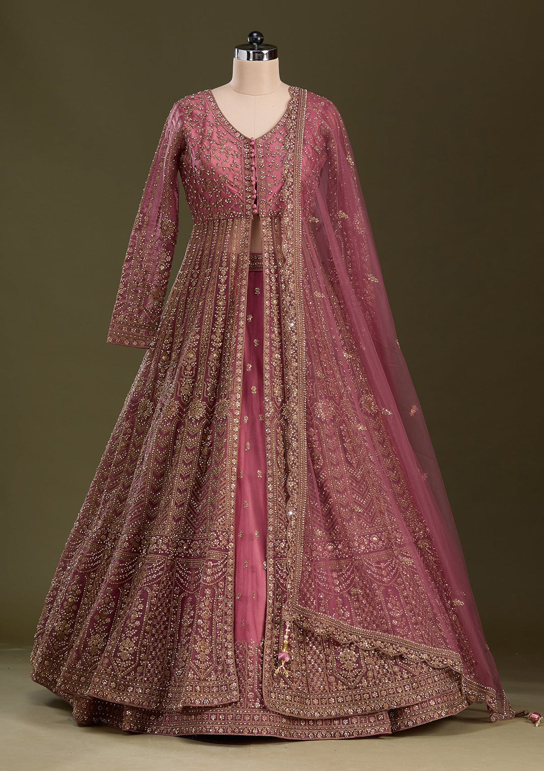 Onion Pink Stonework Net Readymade Lehenga-Koskii