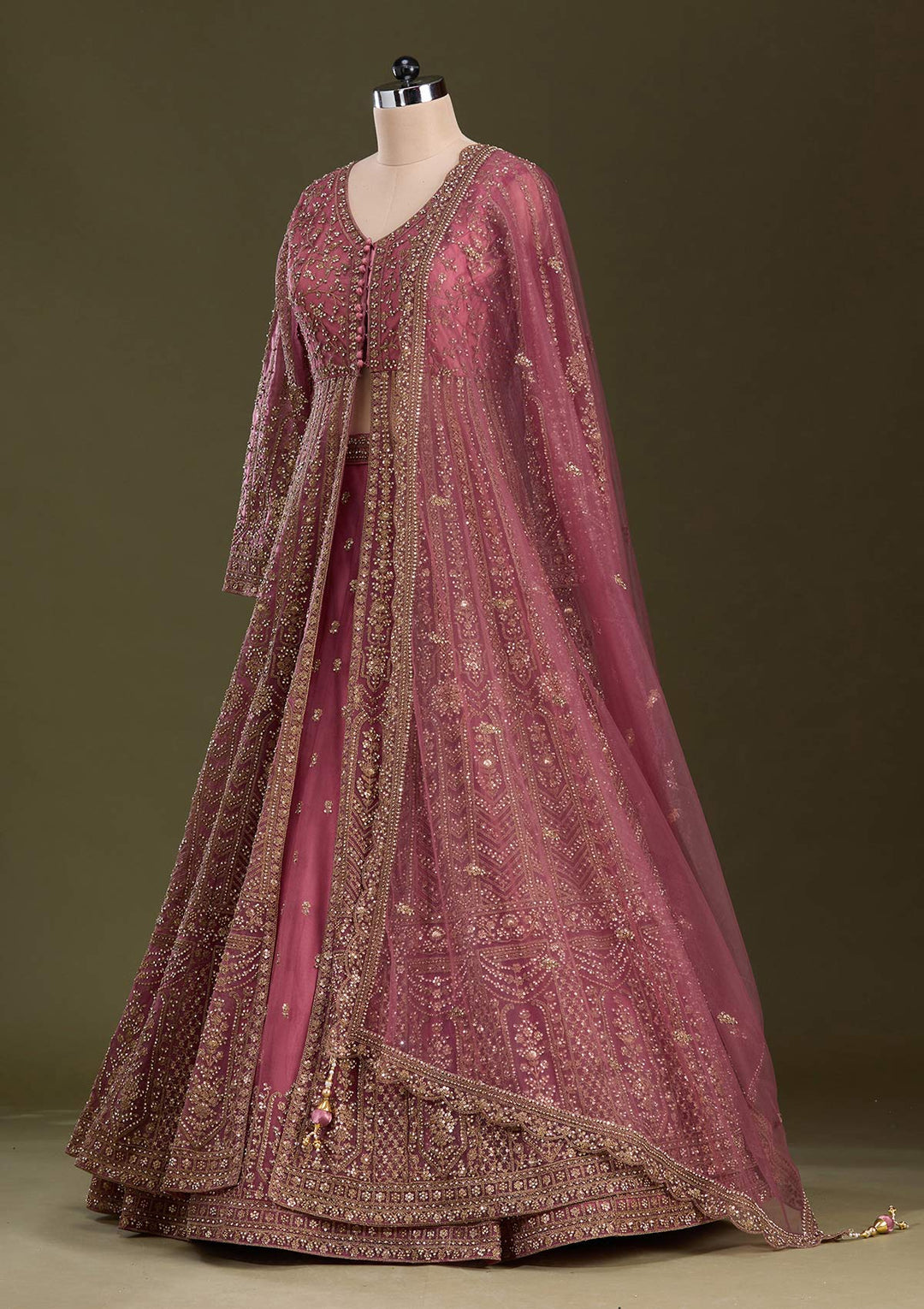 Onion Pink Stonework Net Readymade Lehenga-Koskii