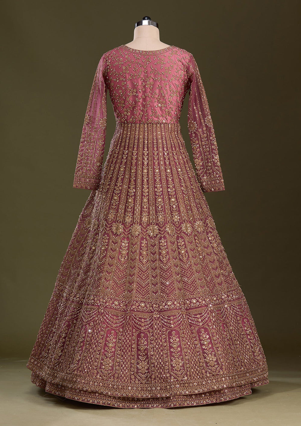 Onion Pink Stonework Net Readymade Lehenga-Koskii