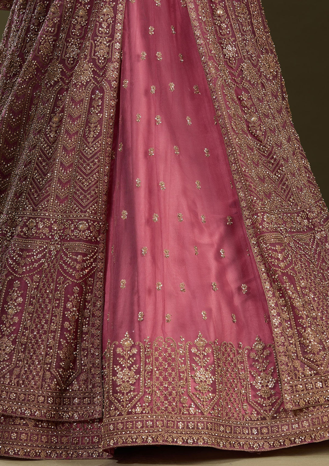 Onion Pink Stonework Net Readymade Lehenga-Koskii