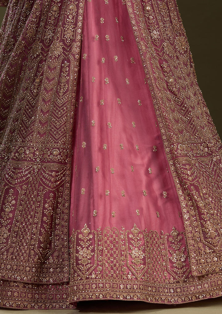 Onion Pink Stonework Net Readymade Lehenga-Koskii