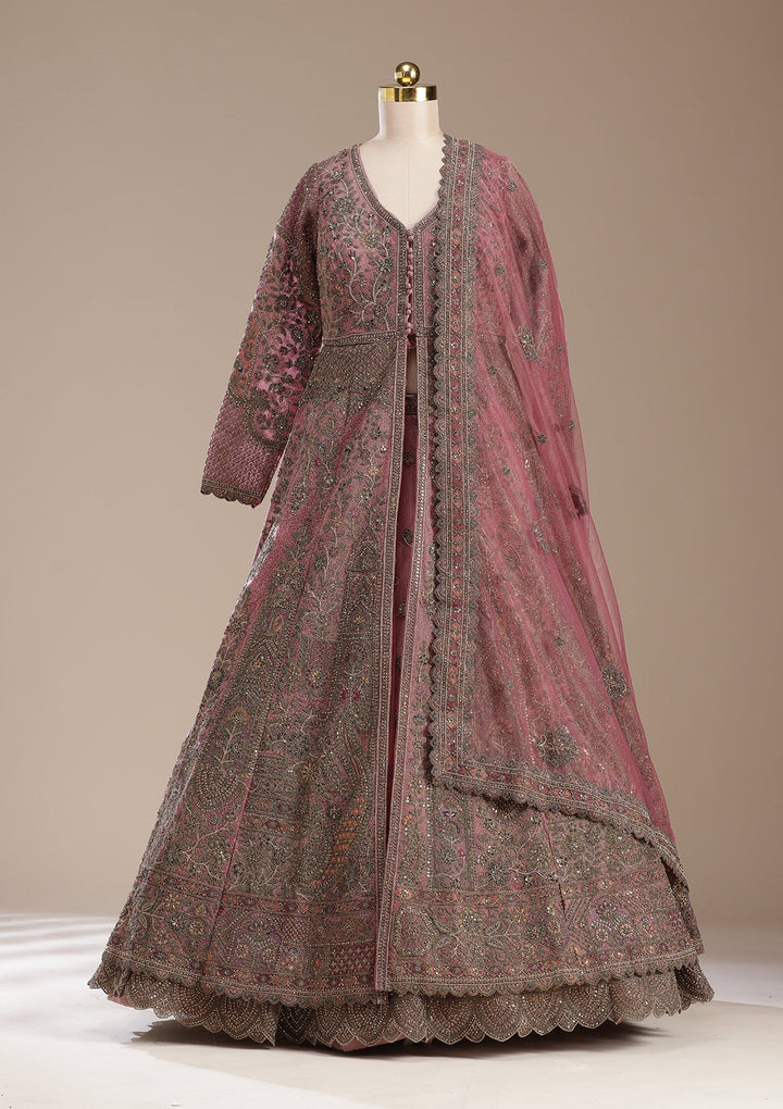 Onion Pink Zariwork (Antique) Net Readymade Lehenga-koskii