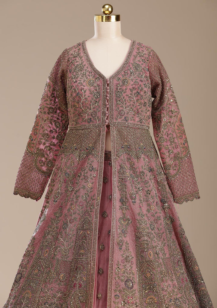 Onion Pink Cording Net Readymade Lehenga