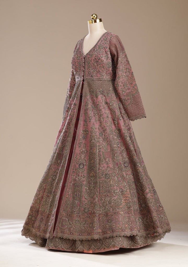 Onion Pink Zariwork (Antique) Net Readymade Lehenga-koskii