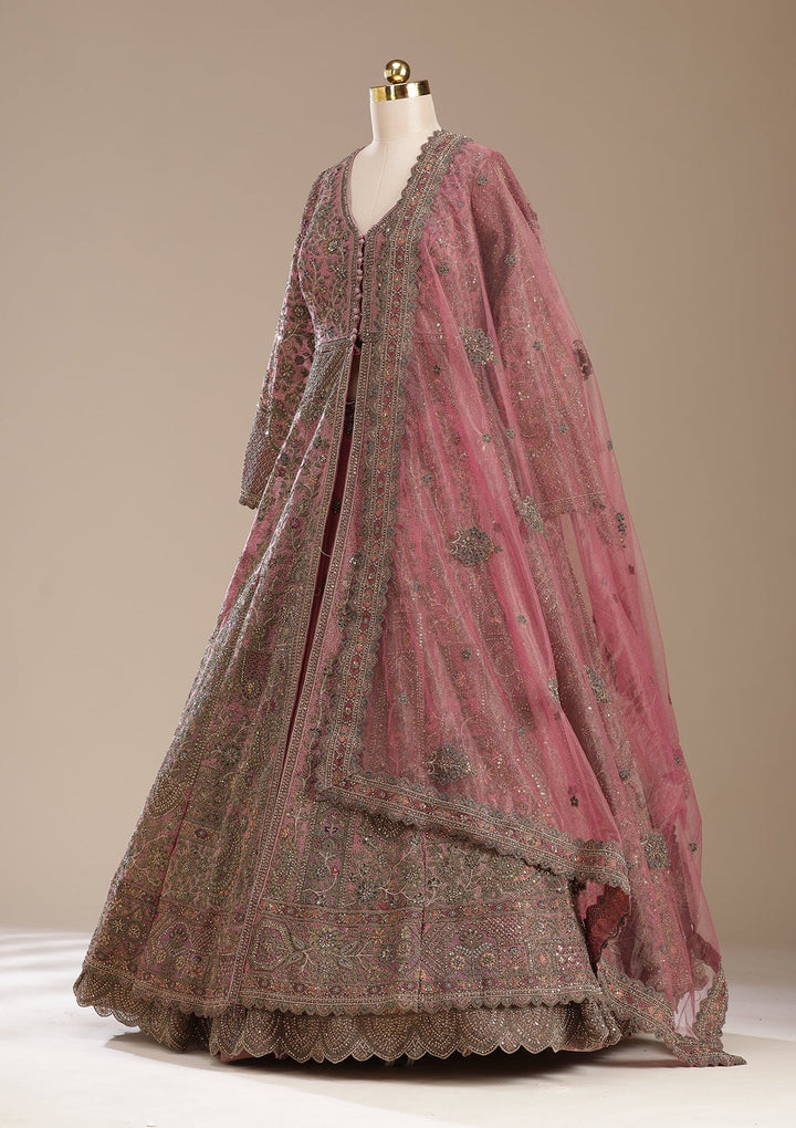 Onion Pink Cording Net Readymade Lehenga