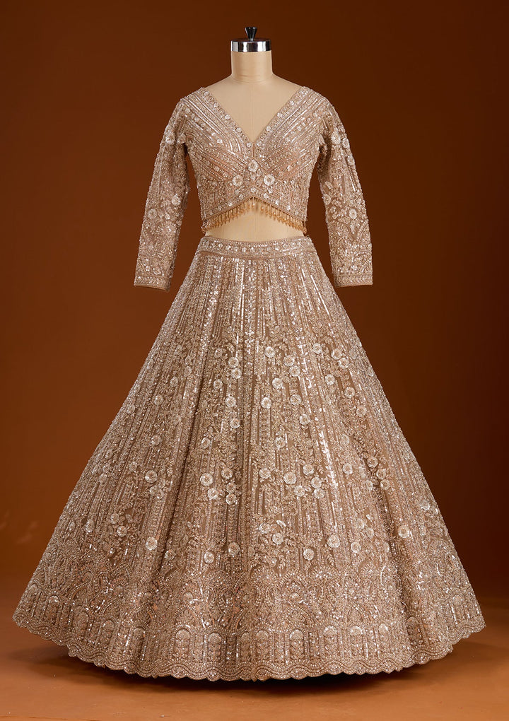 Beige Sequins Net Readymade Lehenga-koskii