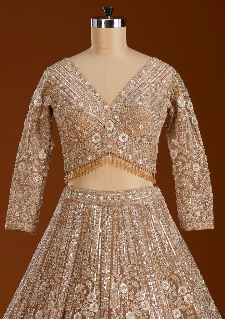 Beige Sequins Net Readymade Lehenga-koskii