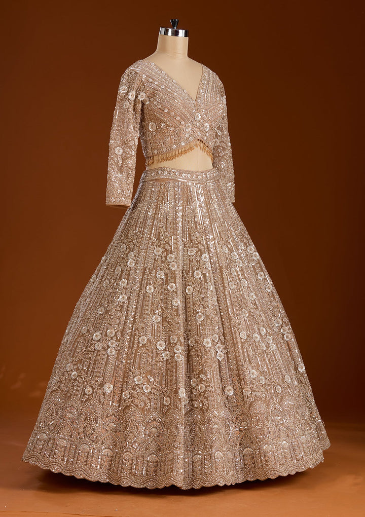 Beige Sequins Net Readymade Lehenga-koskii