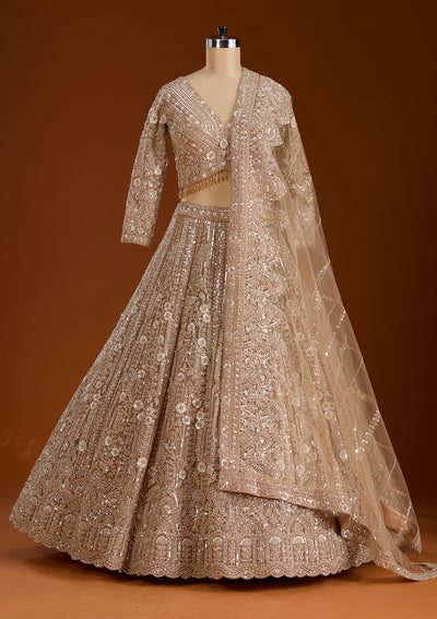 Beige Sequins Net Readymade Lehenga-koskii
