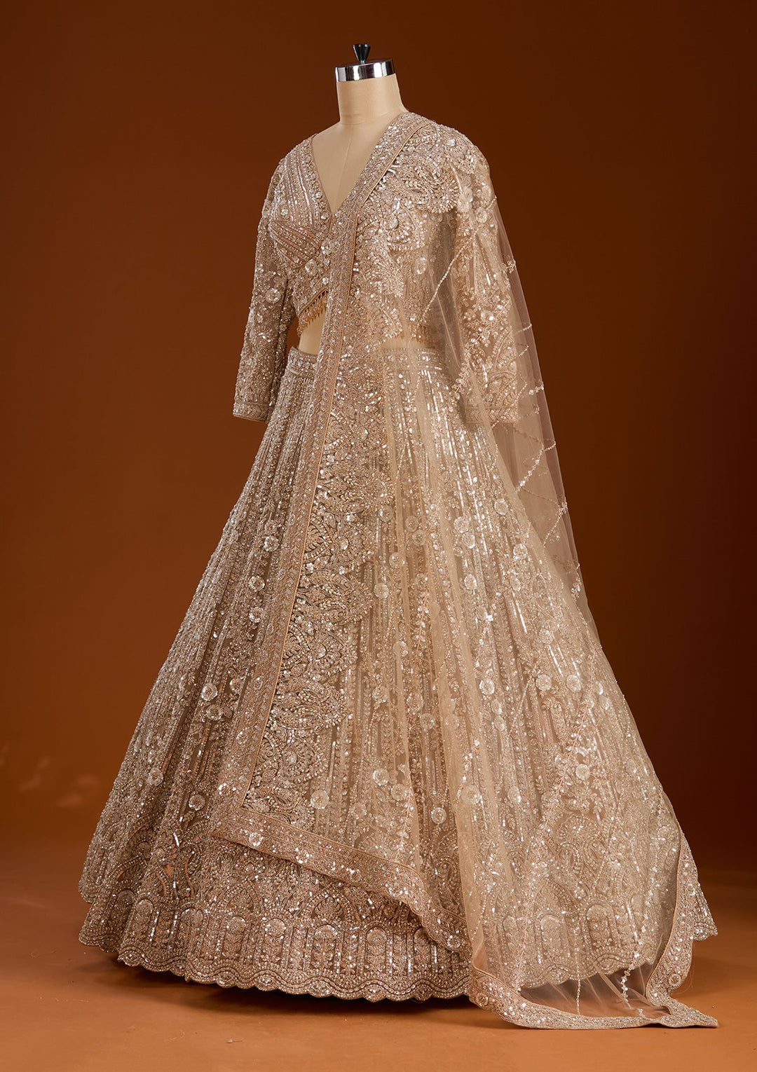 Beige Sequins Net Readymade Lehenga-koskii