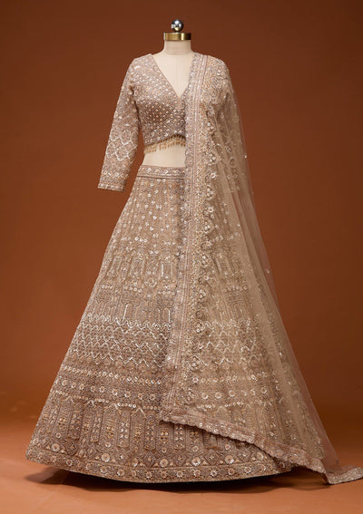 Beige Zariwork (Gold) Net Readymade Lehenga_Koskii