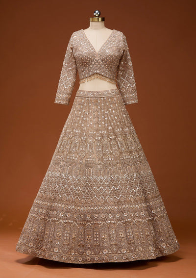 Beige Zariwork (Gold) Net Readymade Lehenga_Koskii