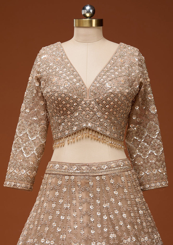 Beige Zariwork (Gold) Net Readymade Lehenga_Koskii