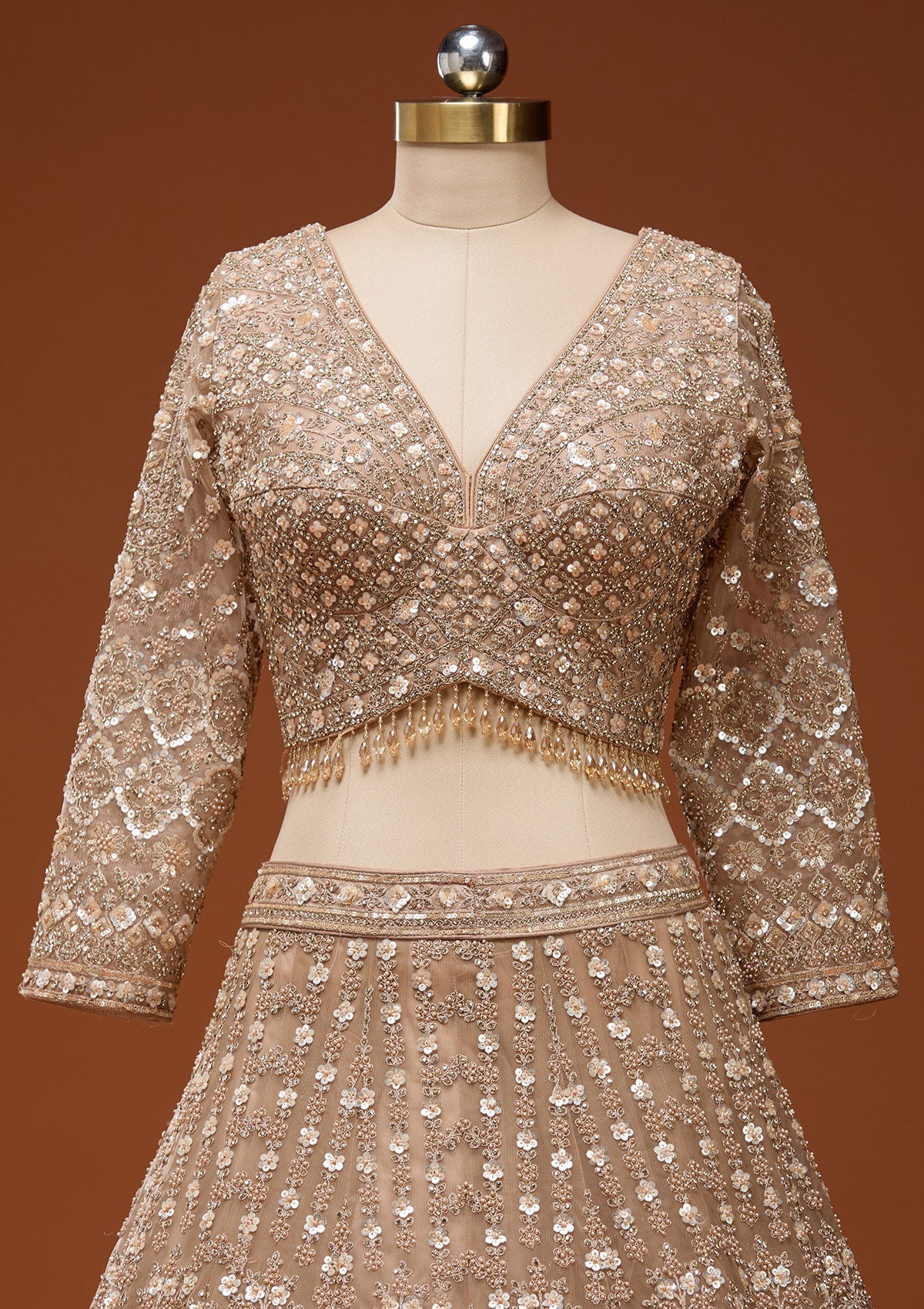 Beige Zariwork (Gold) Net Readymade Lehenga_Koskii