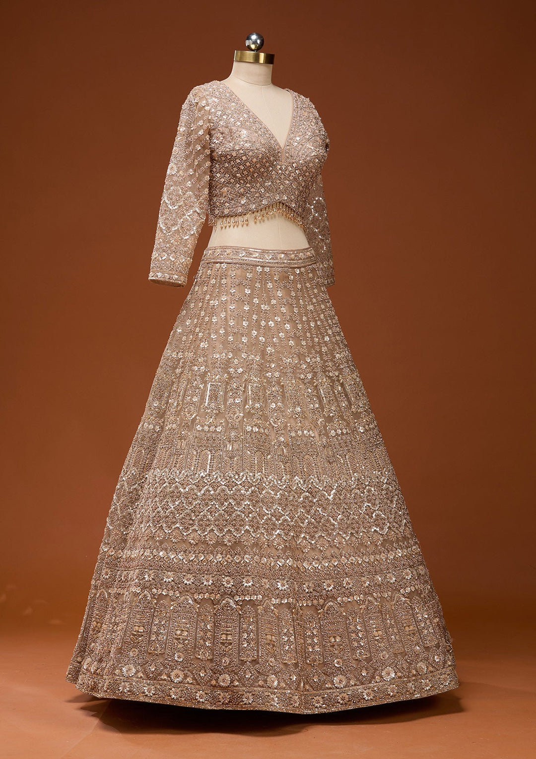 Beige Zariwork (Gold) Net Readymade Lehenga_Koskii