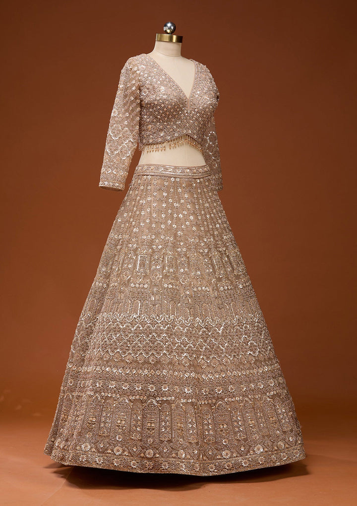 Beige Zariwork (Gold) Net Readymade Lehenga_Koskii