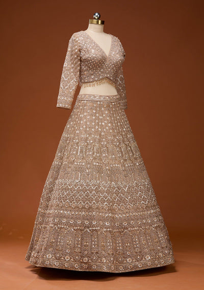 Beige Zariwork (Gold) Net Readymade Lehenga_Koskii