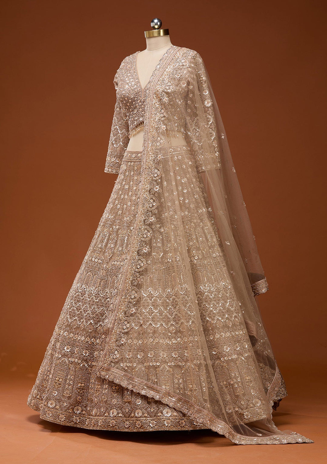 Beige Zariwork (Gold) Net Readymade Lehenga_Koskii