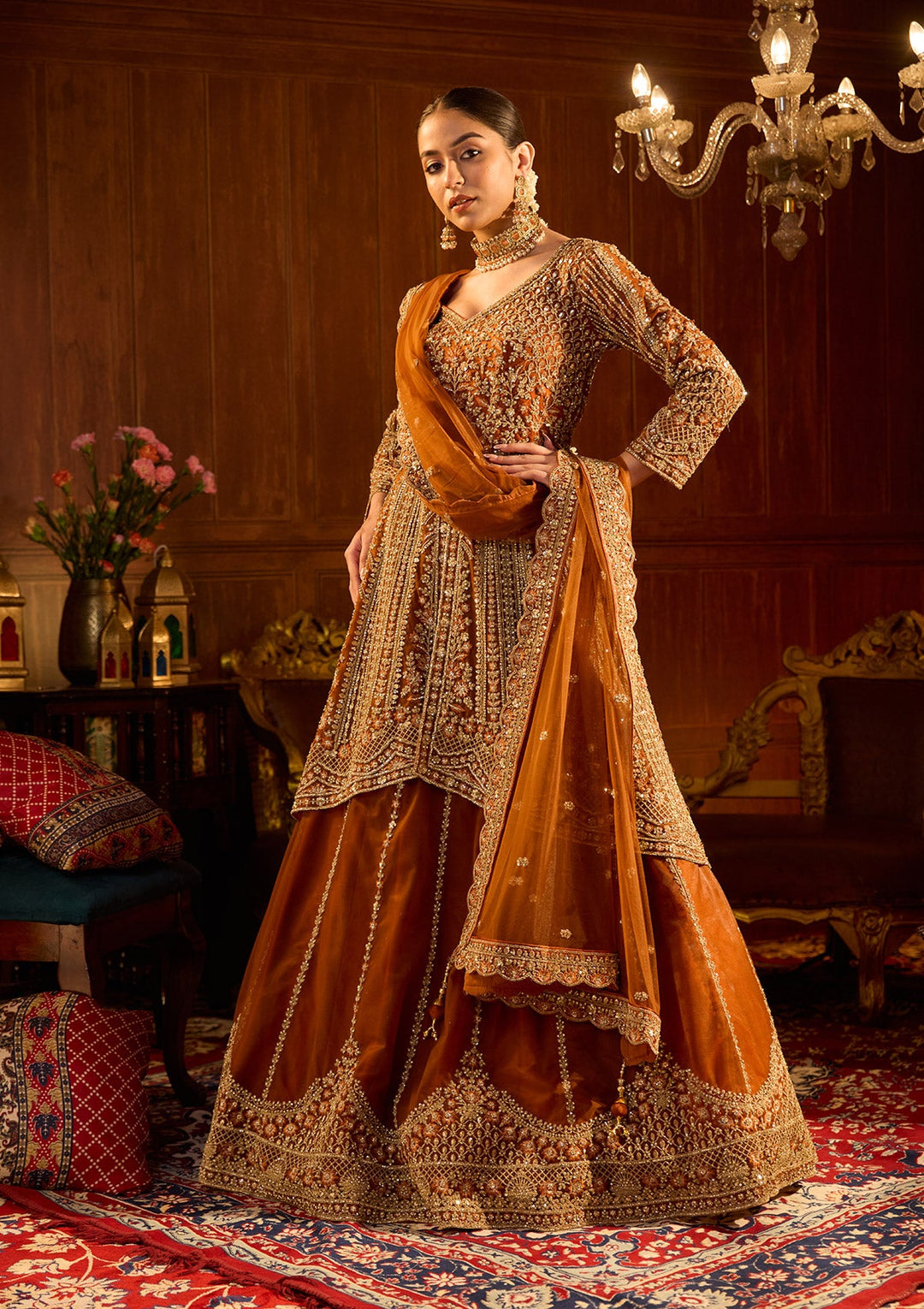Rust Cording Net Readymade Lehenga-Koskii