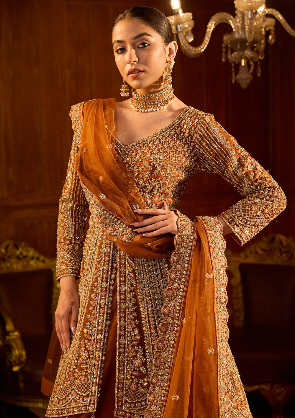 Rust Cording Net Readymade Lehenga-Koskii
