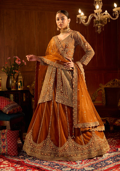 Rust Cording Net Readymade Lehenga-Koskii