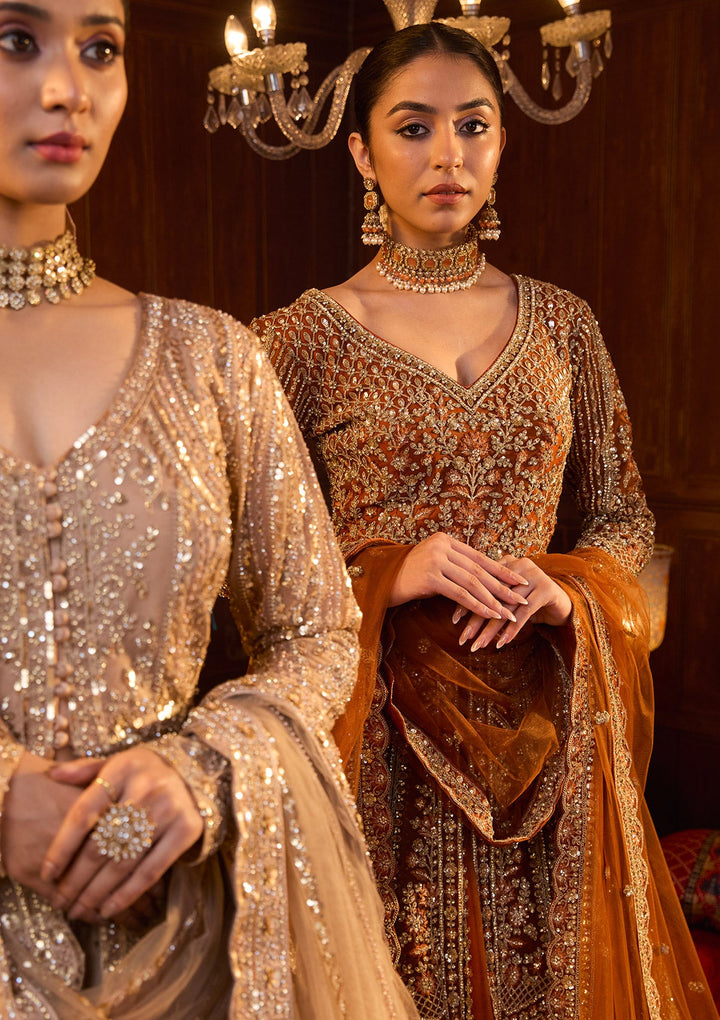 Rust Cording Net Readymade Lehenga-Koskii