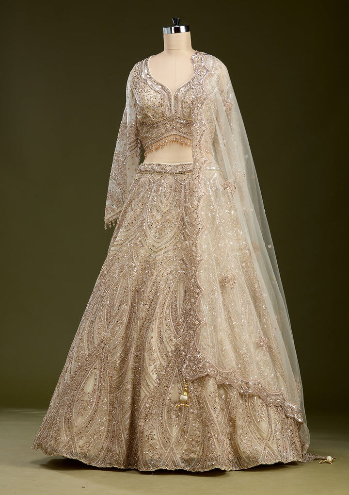 Cream Sequins Net Readymade Lehenga