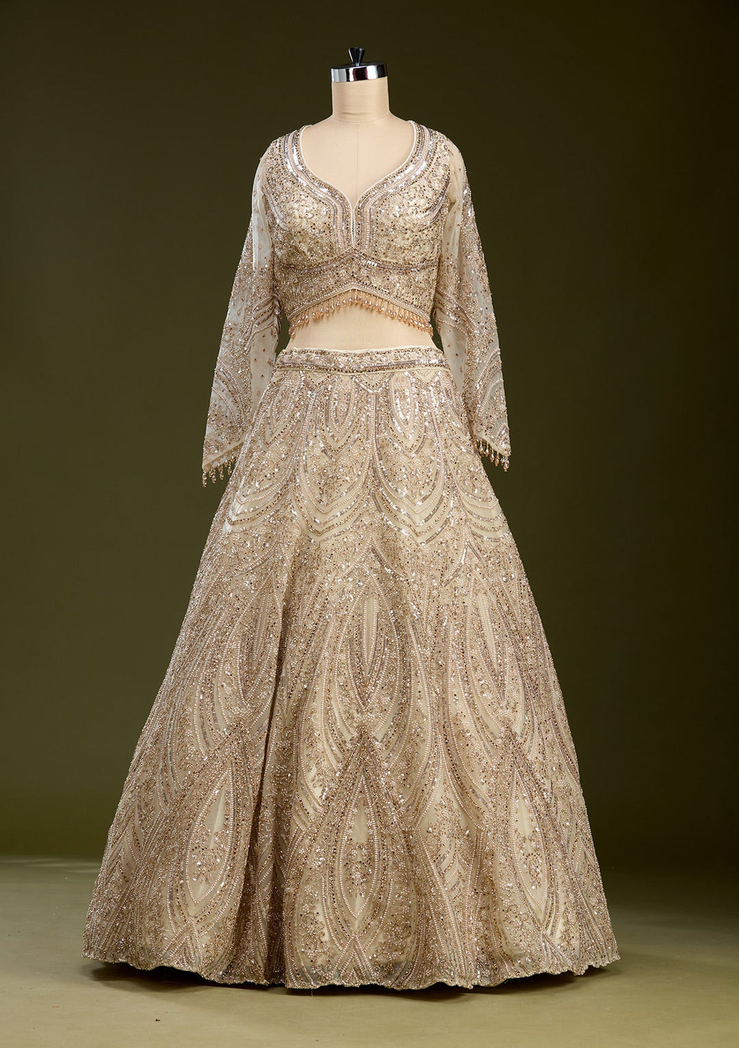 Cream Sequins Net Readymade Lehenga