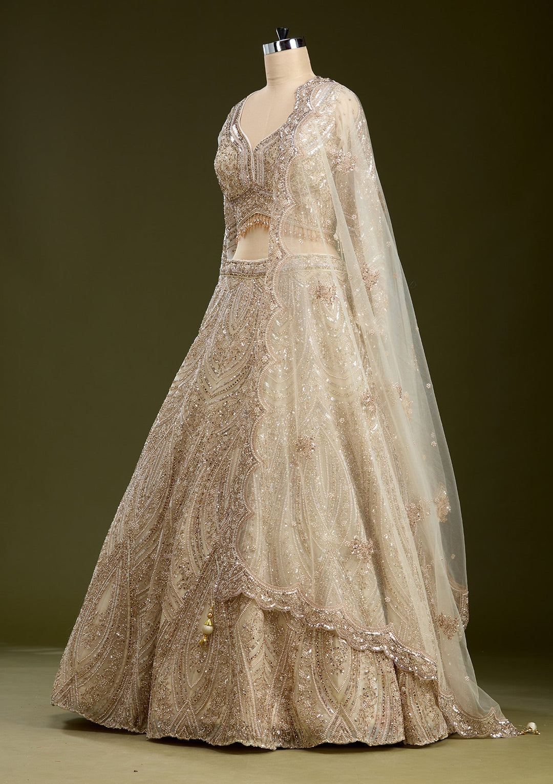 Cream Sequins Net Readymade Lehenga