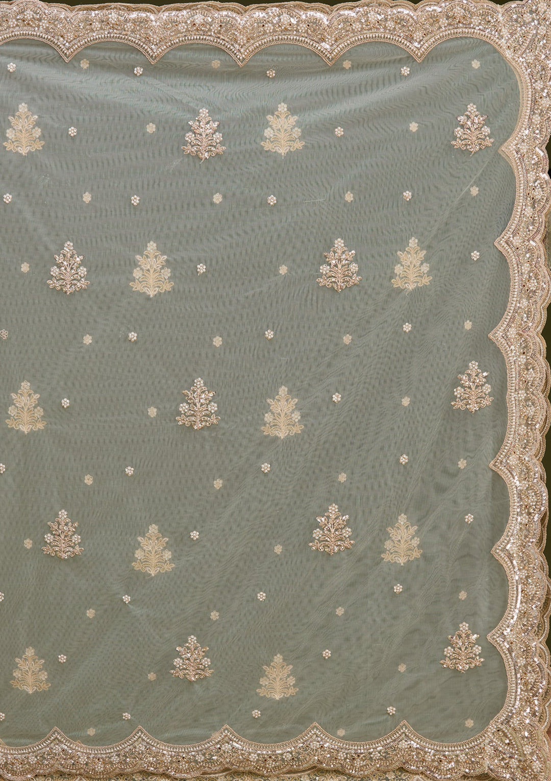 Cream Sequins Net Readymade Lehenga