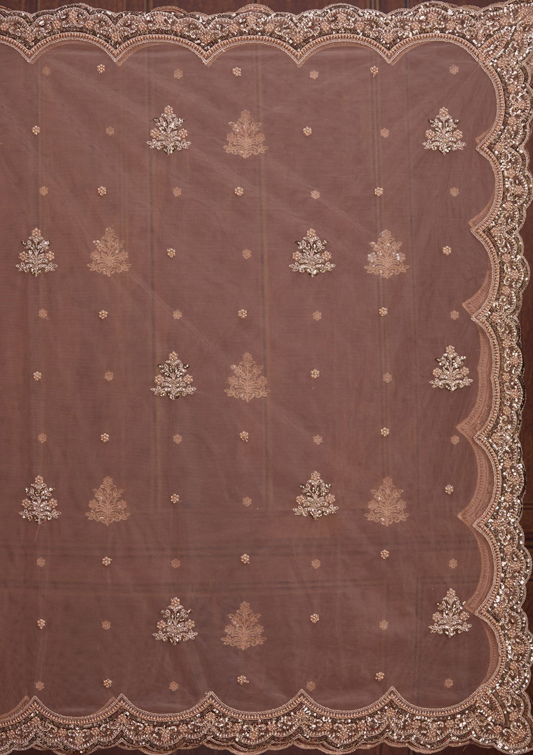 Peach Sequins Net Readymade Lehenga-Koskii