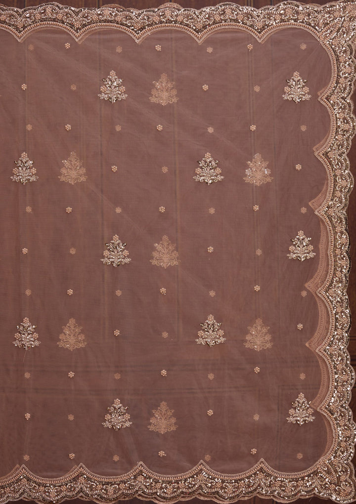 Peach Sequins Net Readymade Lehenga-Koskii