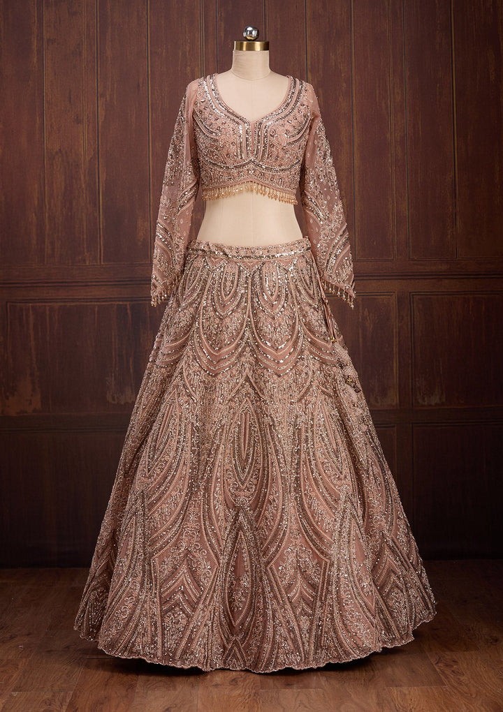 Peach Sequins Net Readymade Lehenga-Koskii