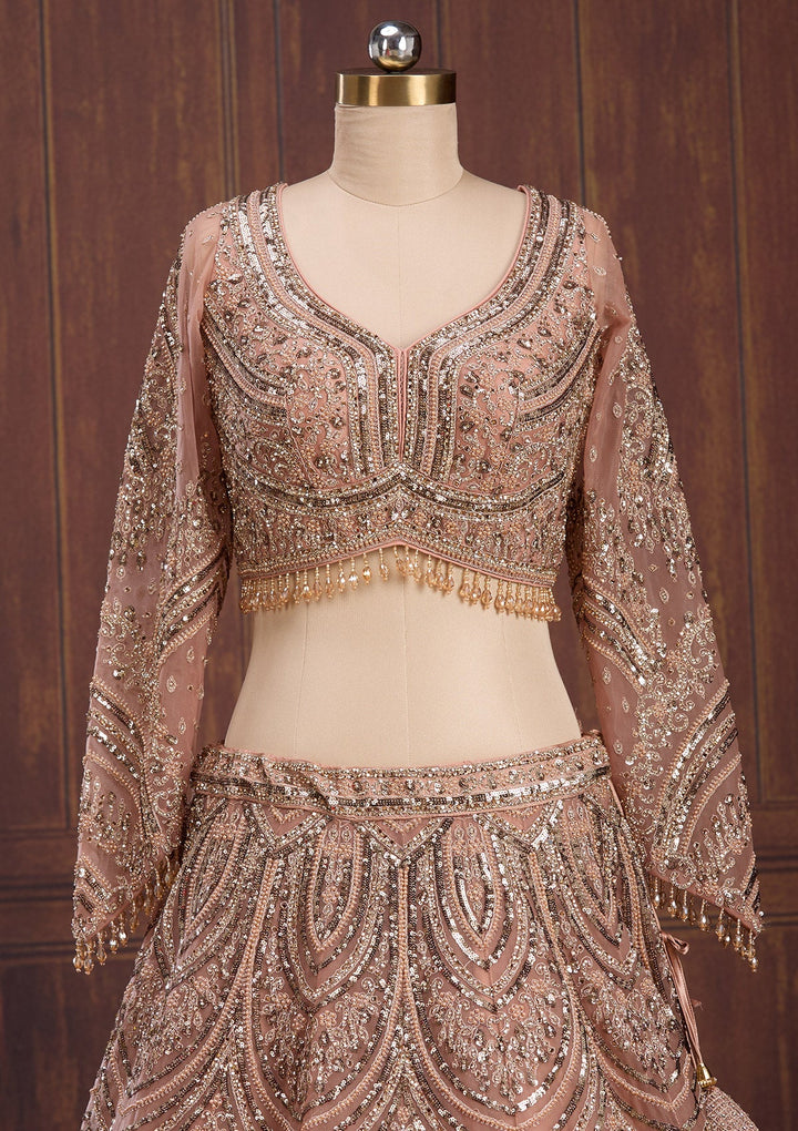 Peach Sequins Net Readymade Lehenga-Koskii