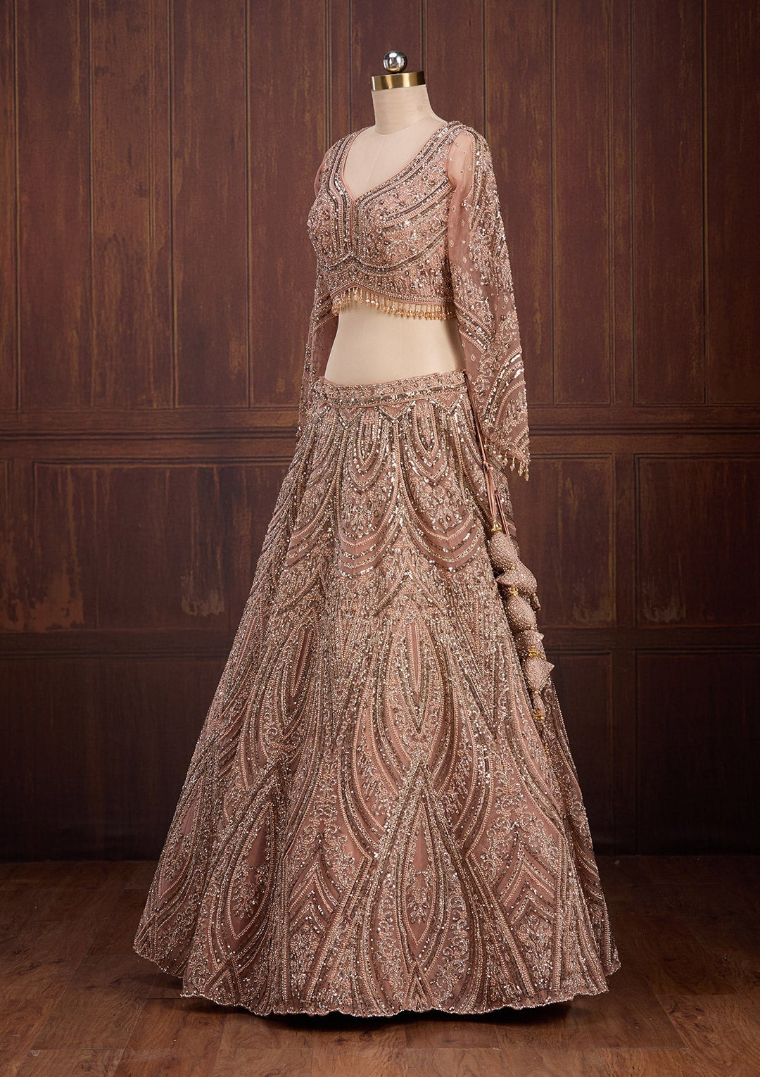 Peach Sequins Net Readymade Lehenga-Koskii