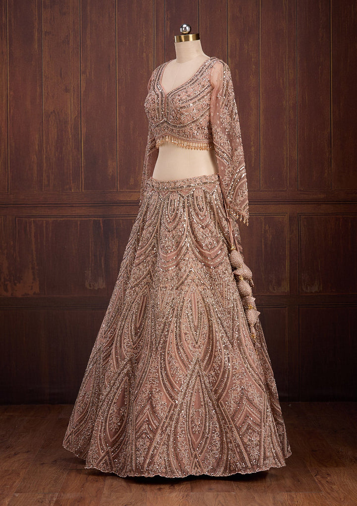 Peach Sequins Net Readymade Lehenga-Koskii