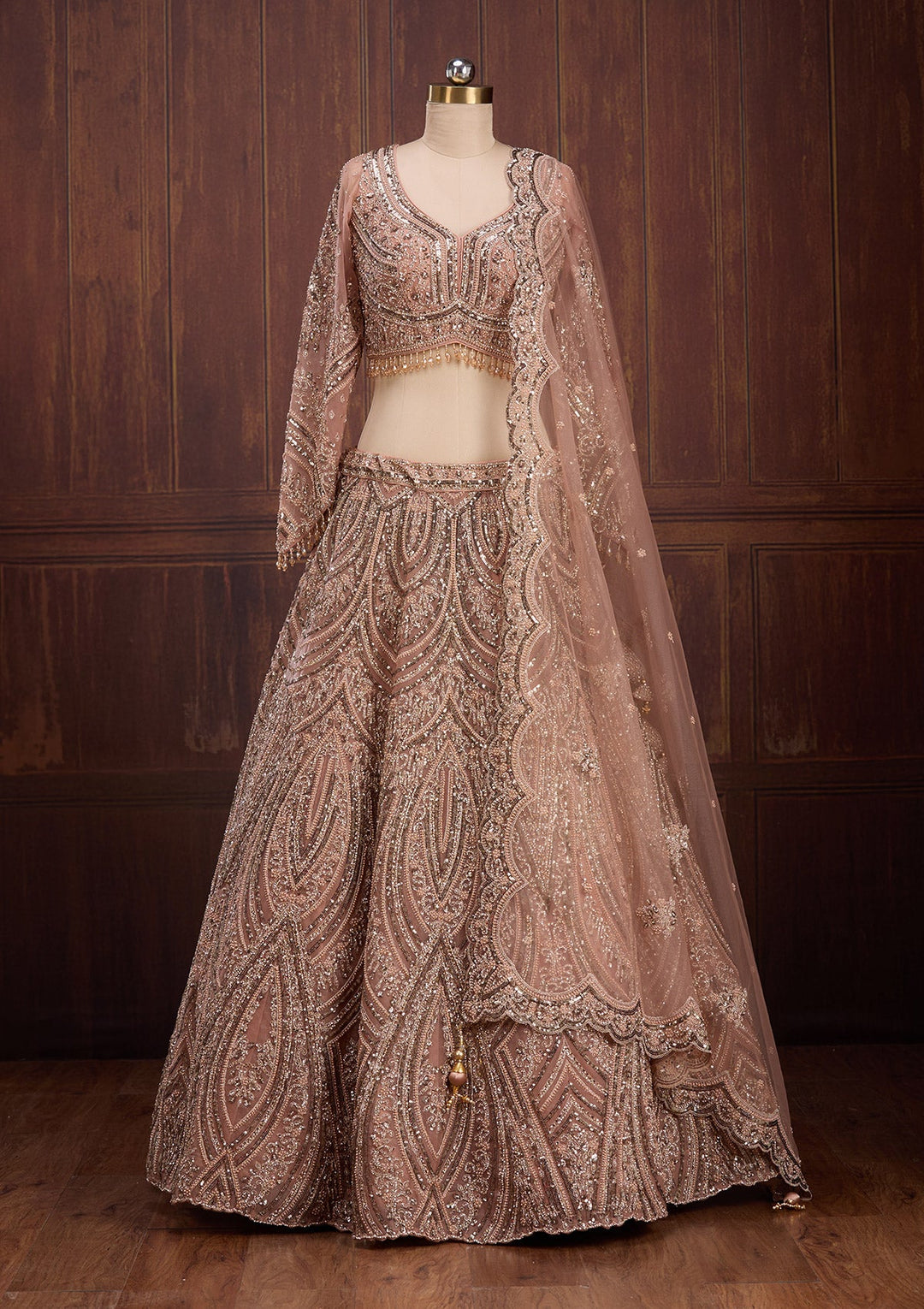 Peach Sequins Net Readymade Lehenga-Koskii