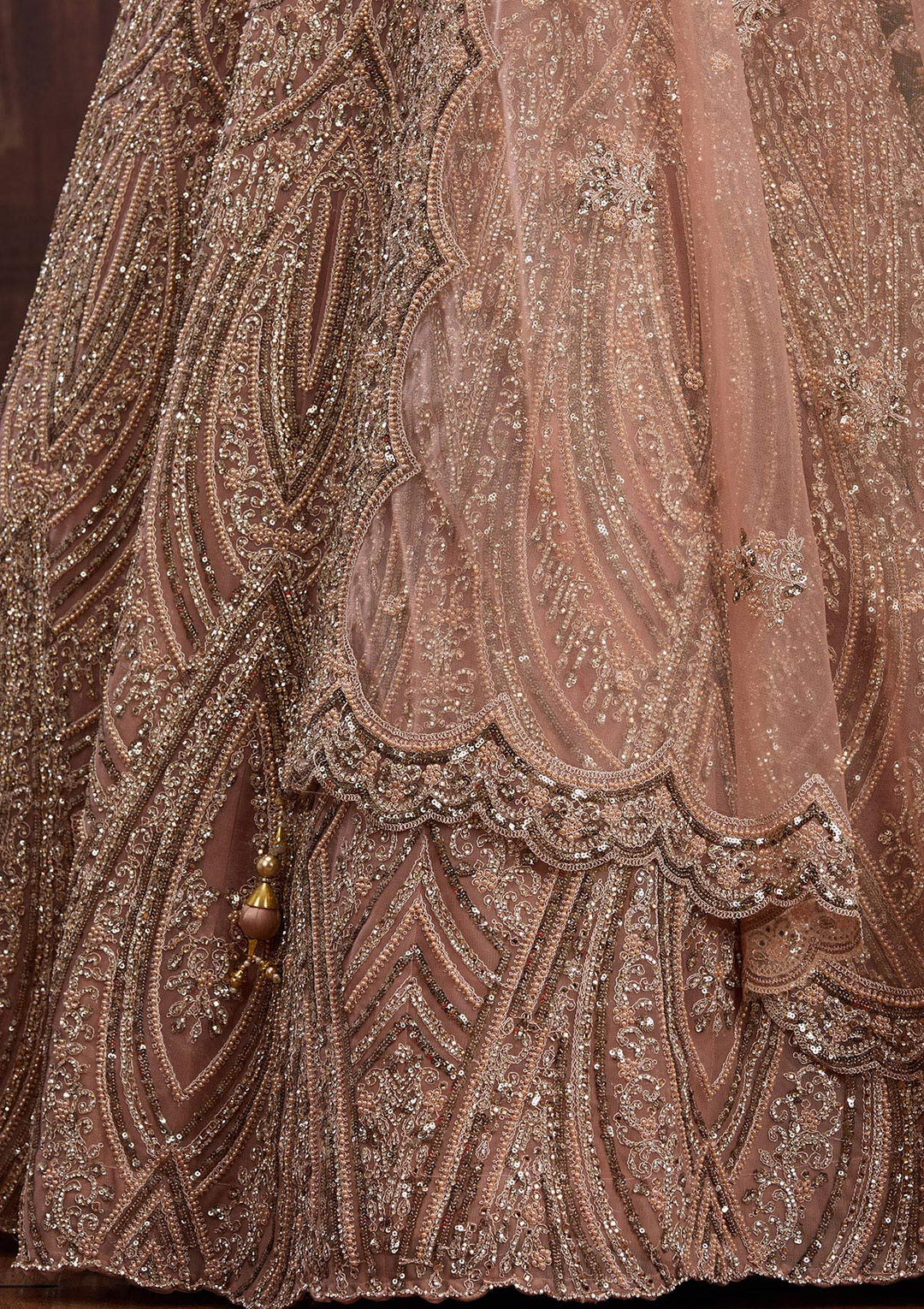 Peach Sequins Net Readymade Lehenga-Koskii
