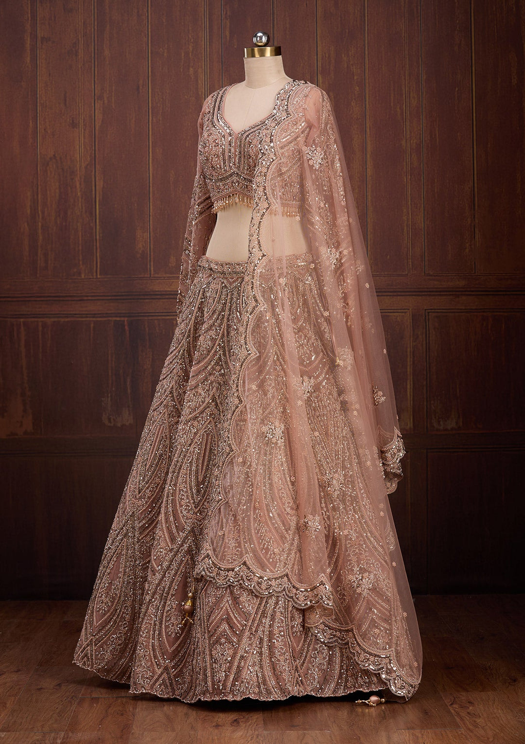 Peach Sequins Net Readymade Lehenga-Koskii