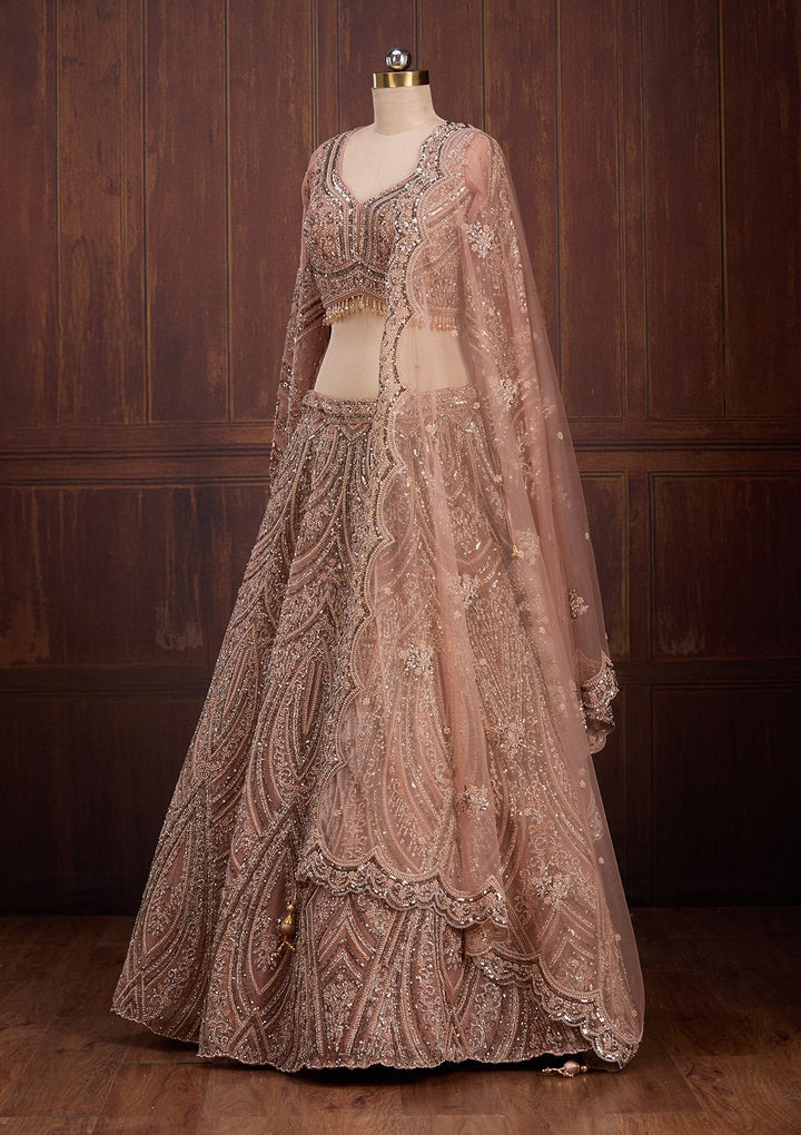 Peach Sequins Net Readymade Lehenga-Koskii