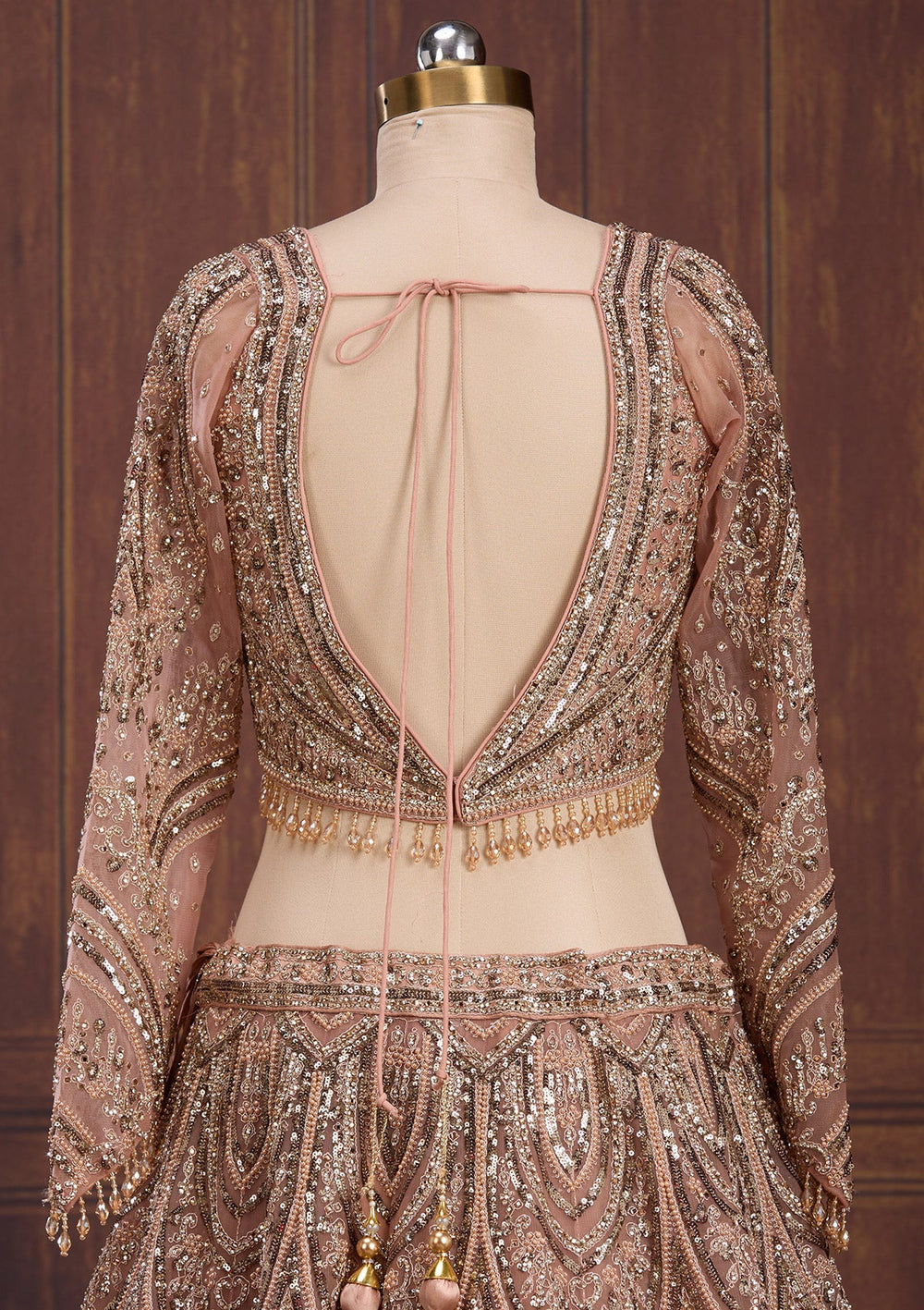 Peach Sequins Net Readymade Lehenga-Koskii