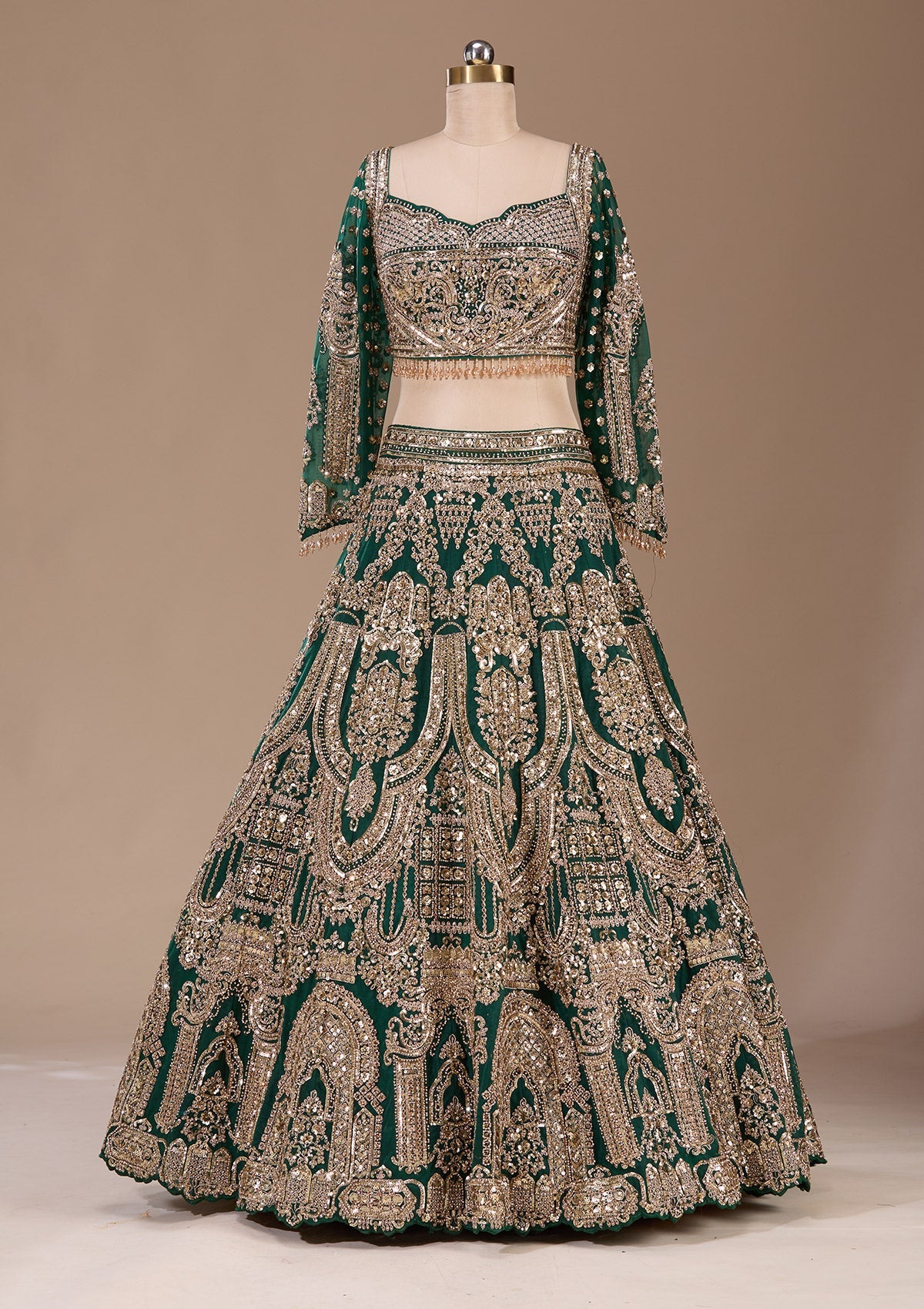 Bottle Green Cording Net Readymade Lehenga-Koskii