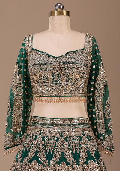 Bottle Green Cording Net Readymade Lehenga-Koskii