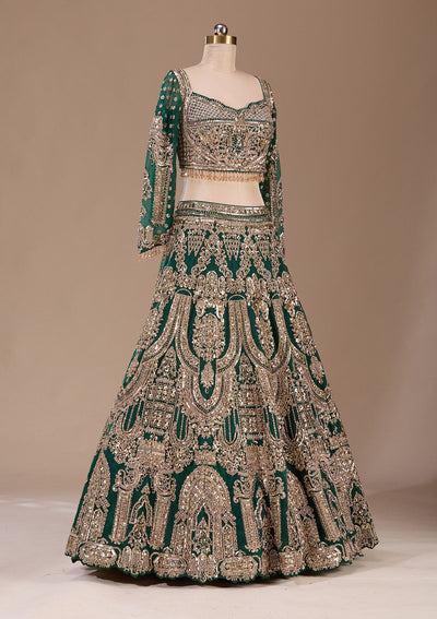 Bottle Green Cording Net Readymade Lehenga-Koskii