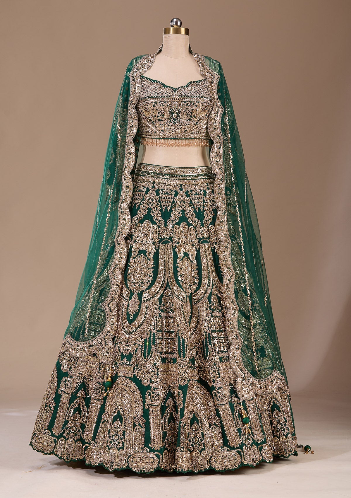 Bottle Green Cording Net Readymade Lehenga-Koskii