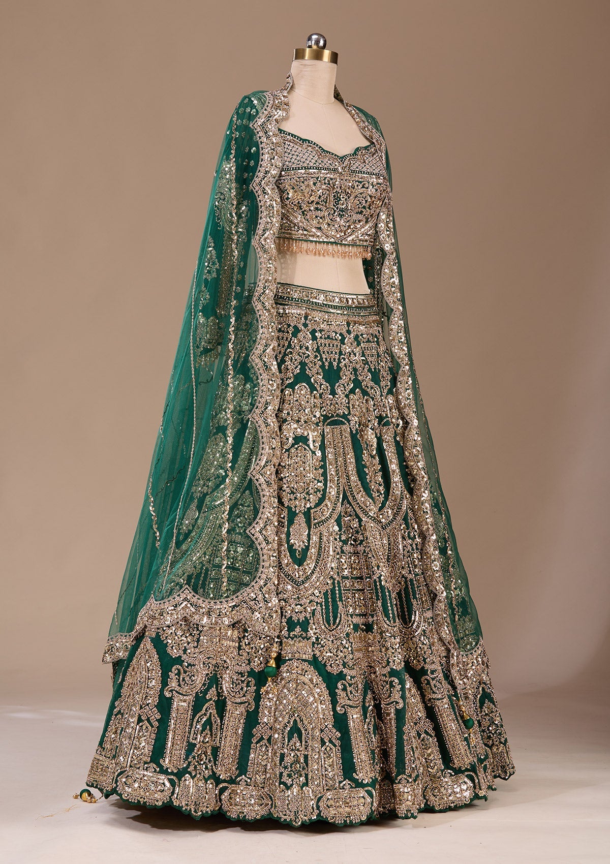 Bottle Green Cording Net Readymade Lehenga-Koskii