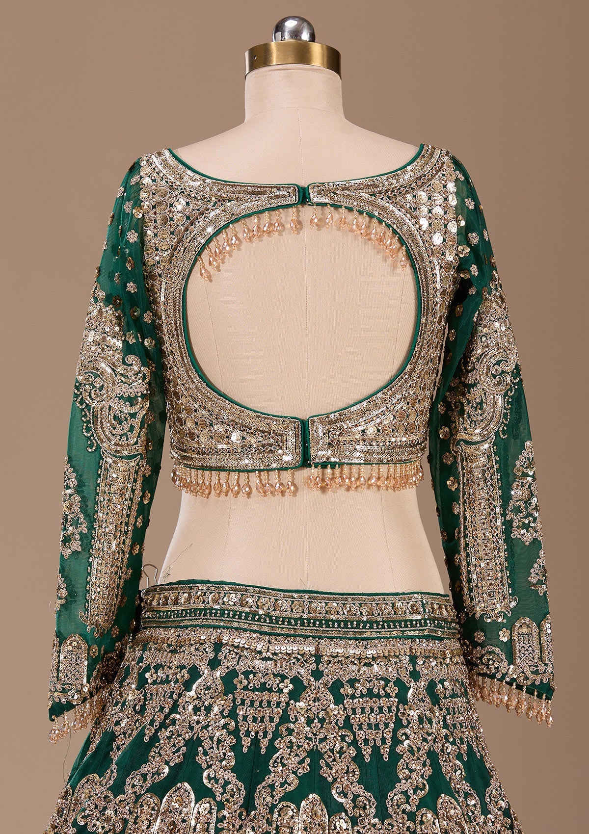 Bottle Green Cording Net Readymade Lehenga-Koskii