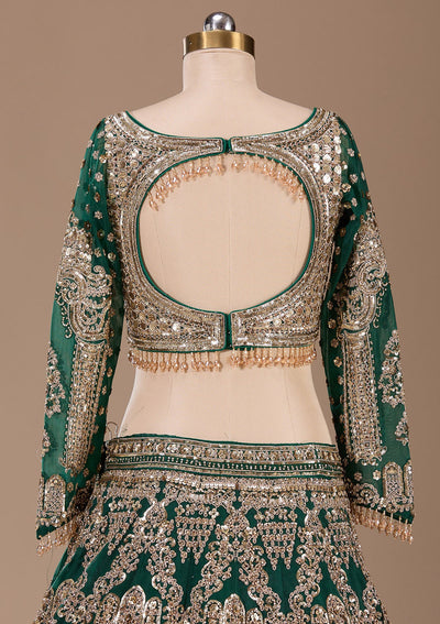 Bottle Green Cording Net Readymade Lehenga-Koskii