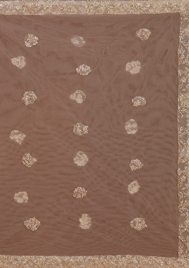 Cream Pearlwork Net Readymade Lehenga-koskii