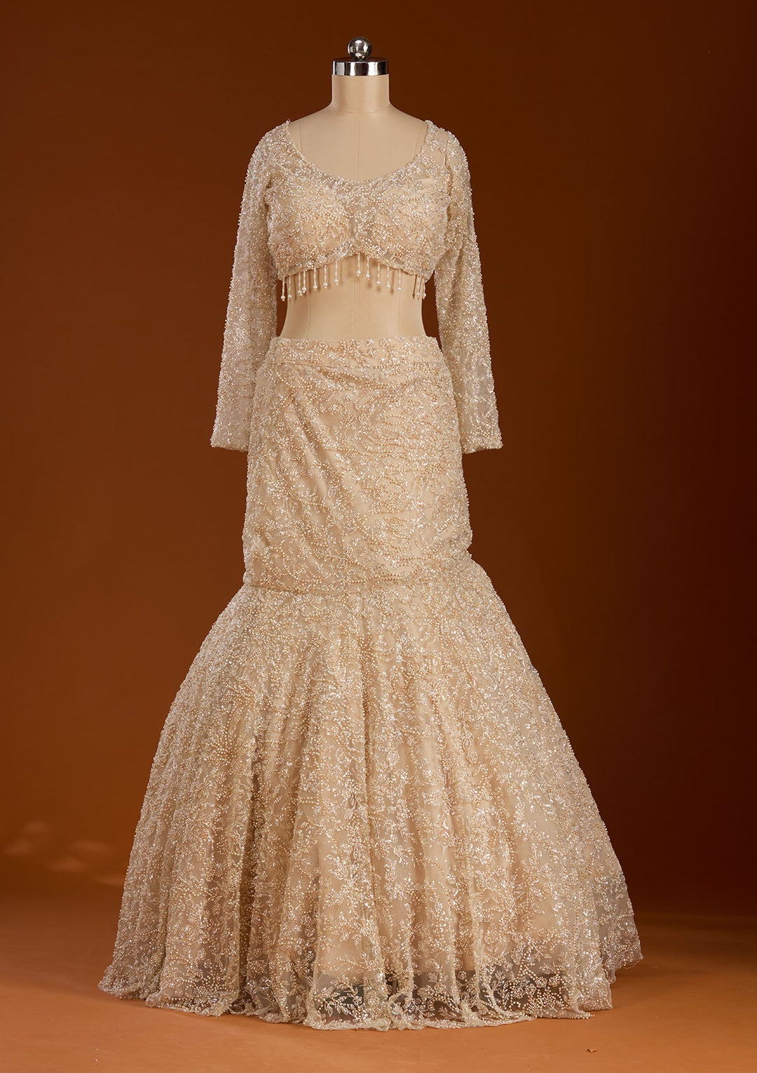 Cream Pearlwork Net Readymade Lehenga-koskii